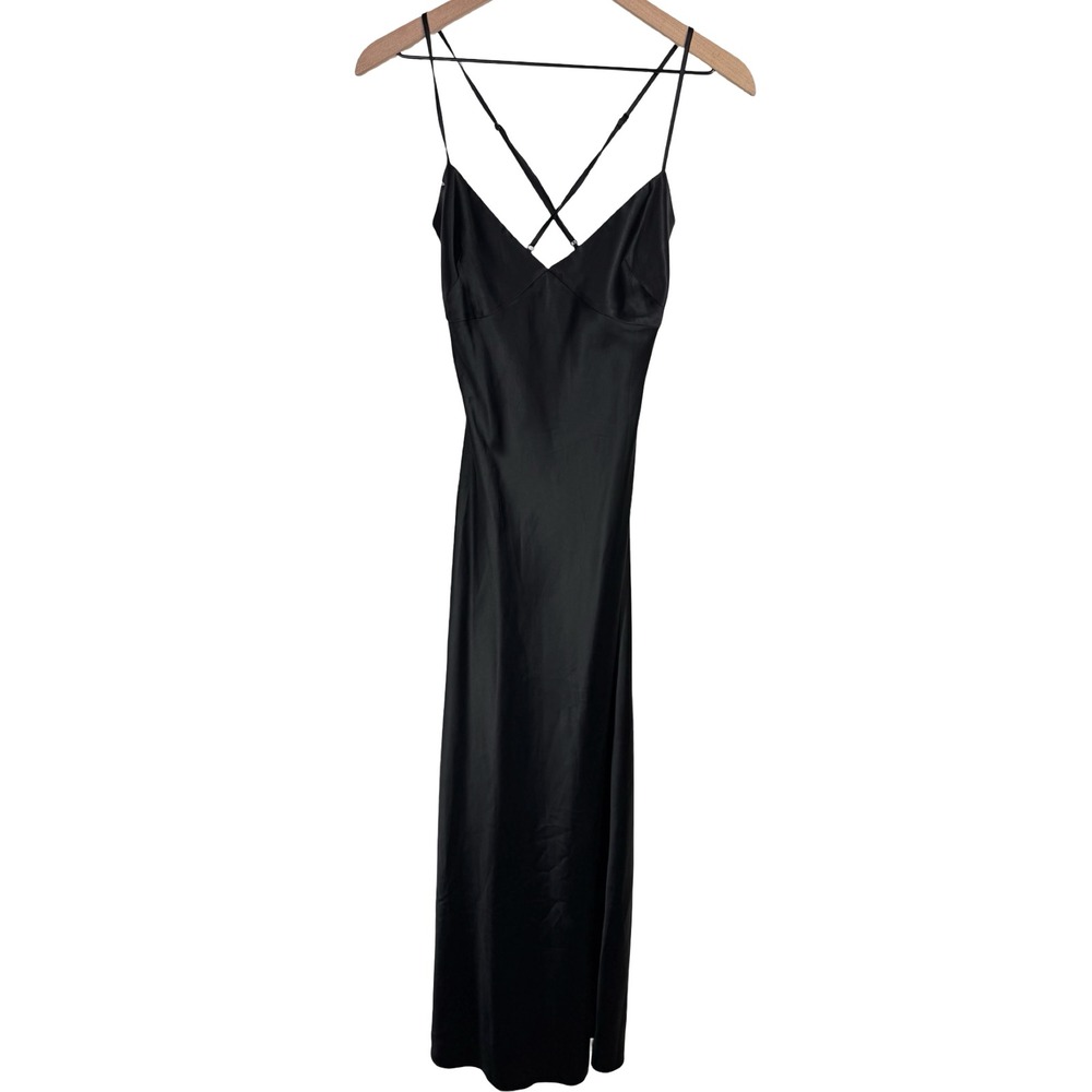 Victorias Secret Black Satin Slip Dress V-Neck Crossback Pleated Detail Small - Picture 3 of 6